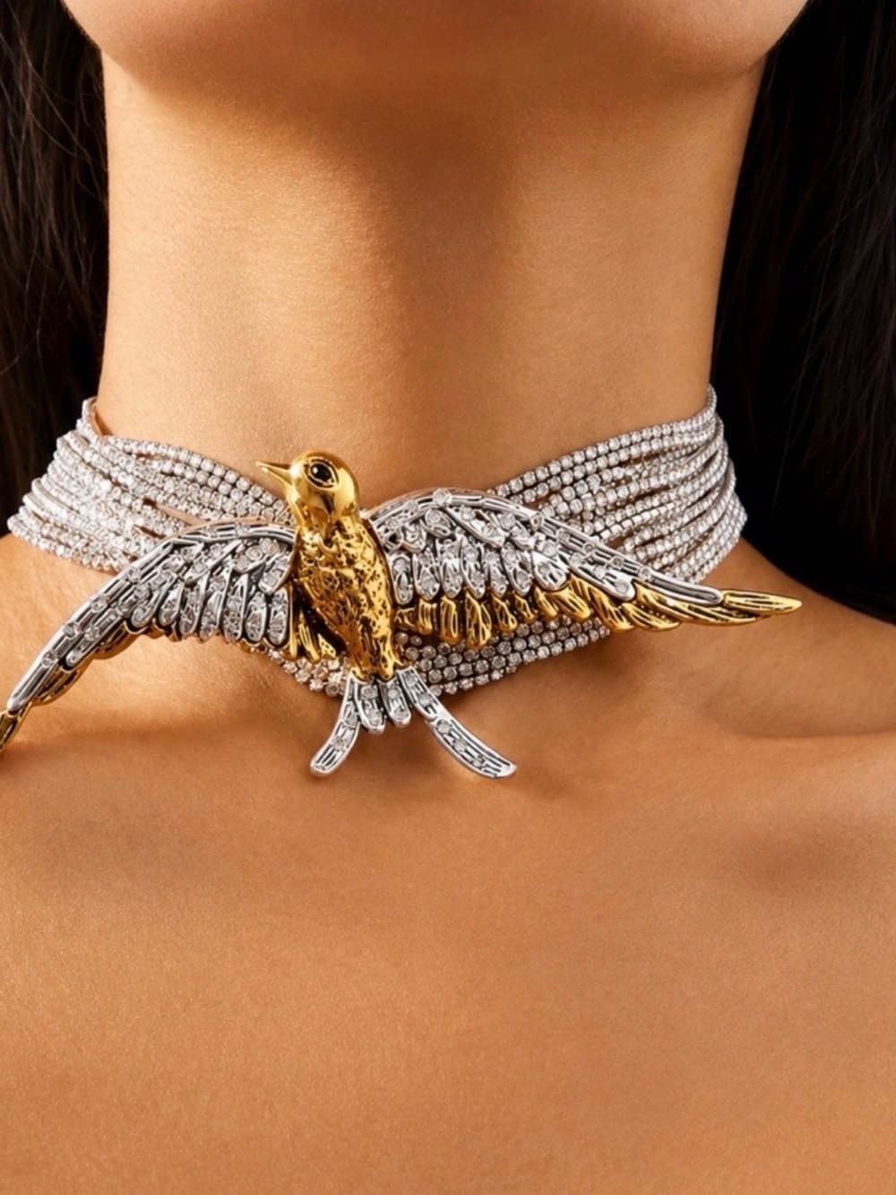 Two-Tone Gold and Silver Bird Crystal Choker Necklace